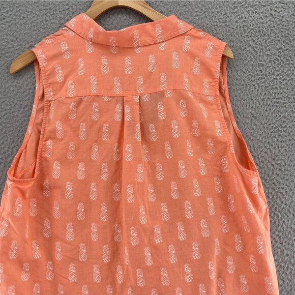 J Crew Top Womens Large Coral Pineapple Print Linen Blend Sleeveless Collared - Picture 4 of 9